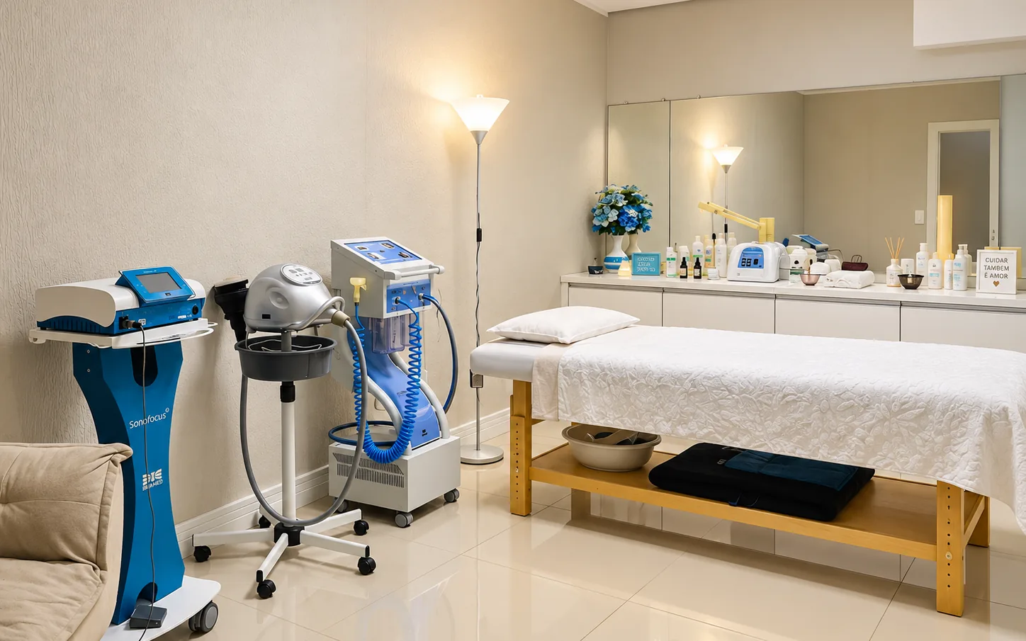 Sala de atendimento da clínica, com maca preparada, equipamentos de estética e bancada de produtos