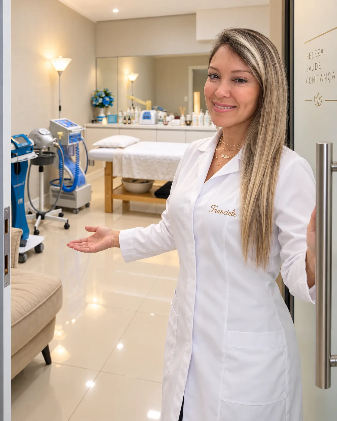Franciele Telles recebendo uma cliente na porta da clínica de estética em Flores da Cunha